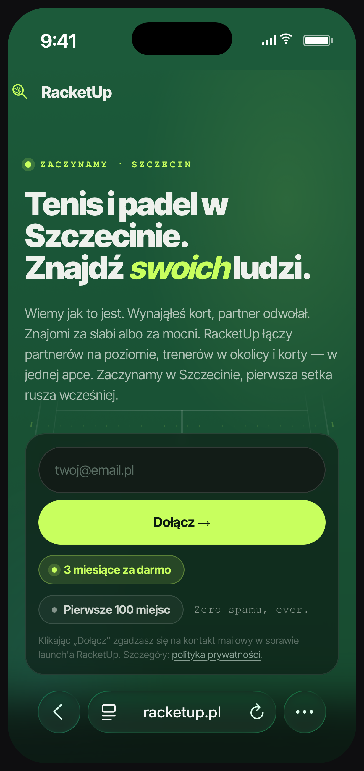 Racket Up - strona zapisu na listę oczekujących na racketup.pl